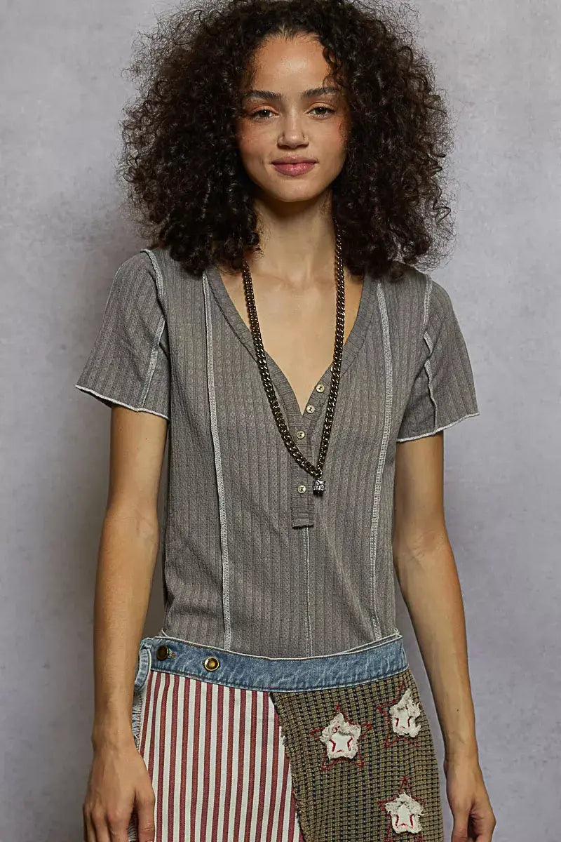 POL V-Neck Short Sleeve Top with Stitch Seam Detail - Trendsi - Flyclothing LLC