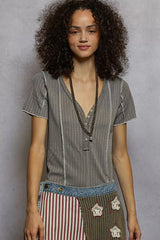 POL V-Neck Short Sleeve Top with Stitch Seam Detail - Trendsi - Flyclothing LLC