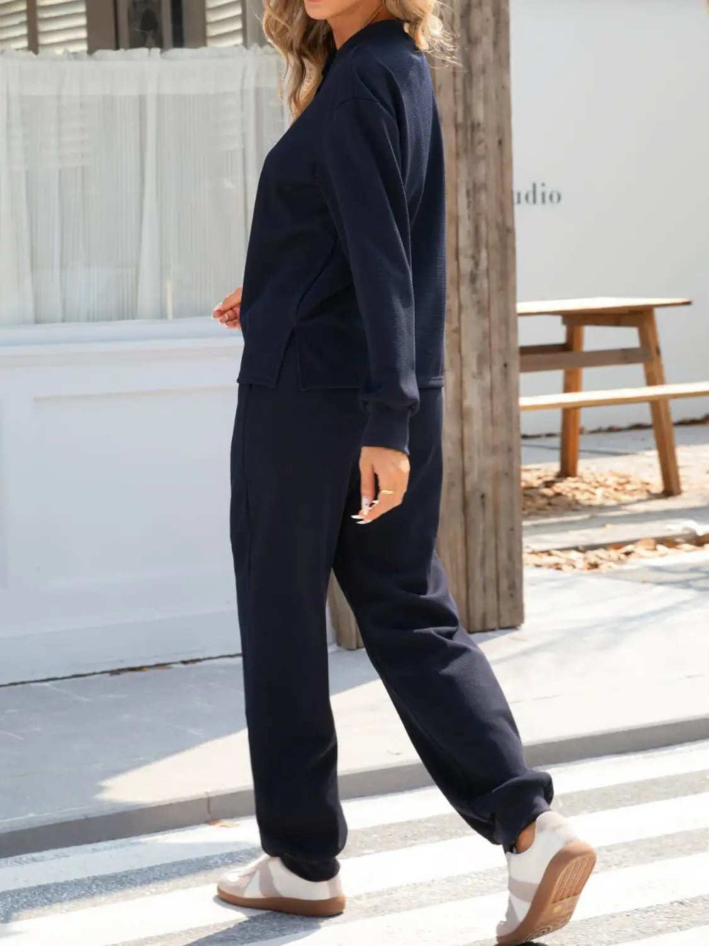 Quarter Button Long Sleeve Top and Pants Set - Trendsi - Flyclothing LLC