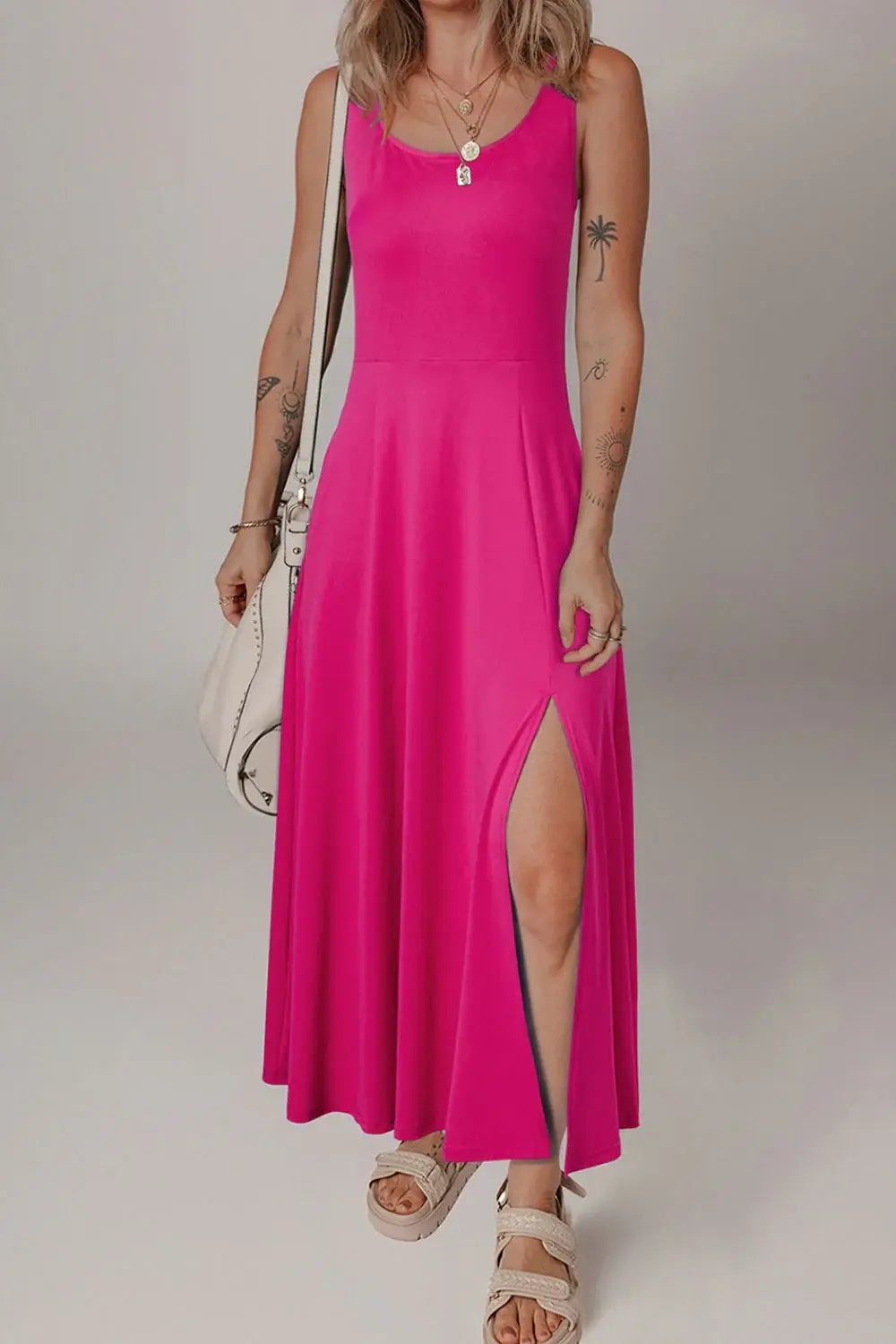 Side Slit Scoop Neck Wide Strap Dress - Trendsi - Flyclothing LLC