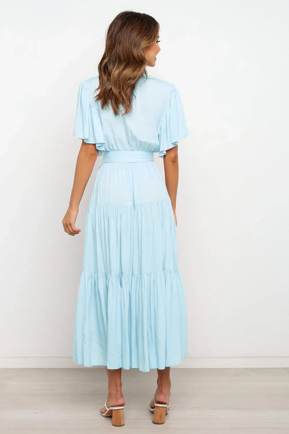 Tied Back Tiered Short Sleeve Midi Dress - Trendsi - Flyclothing LLC