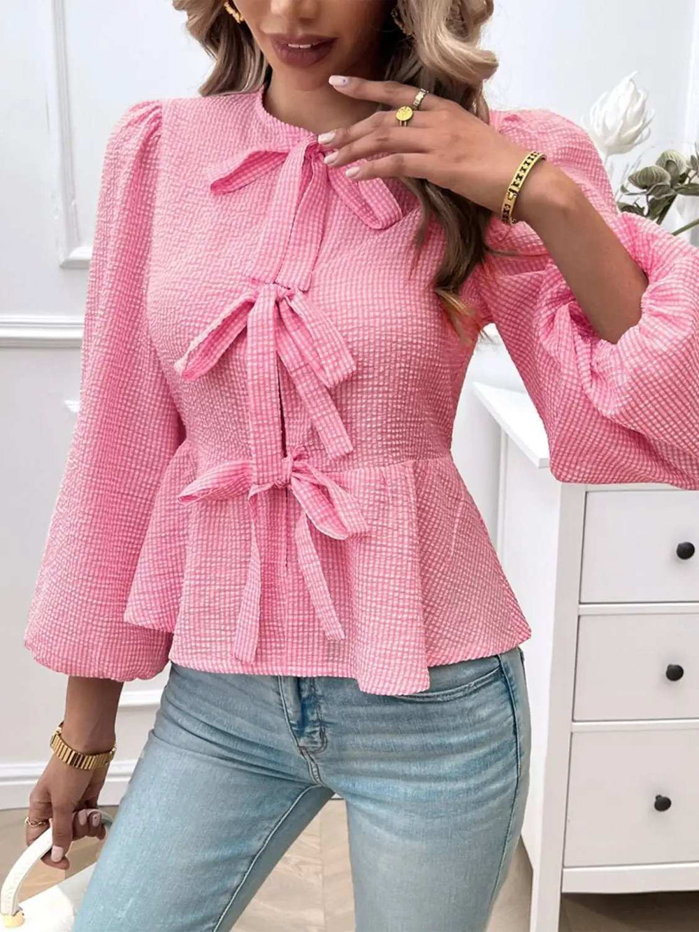 Devine Tied Round Neck Long Sleeve Blouse - Trendsi - Flyclothing LLC