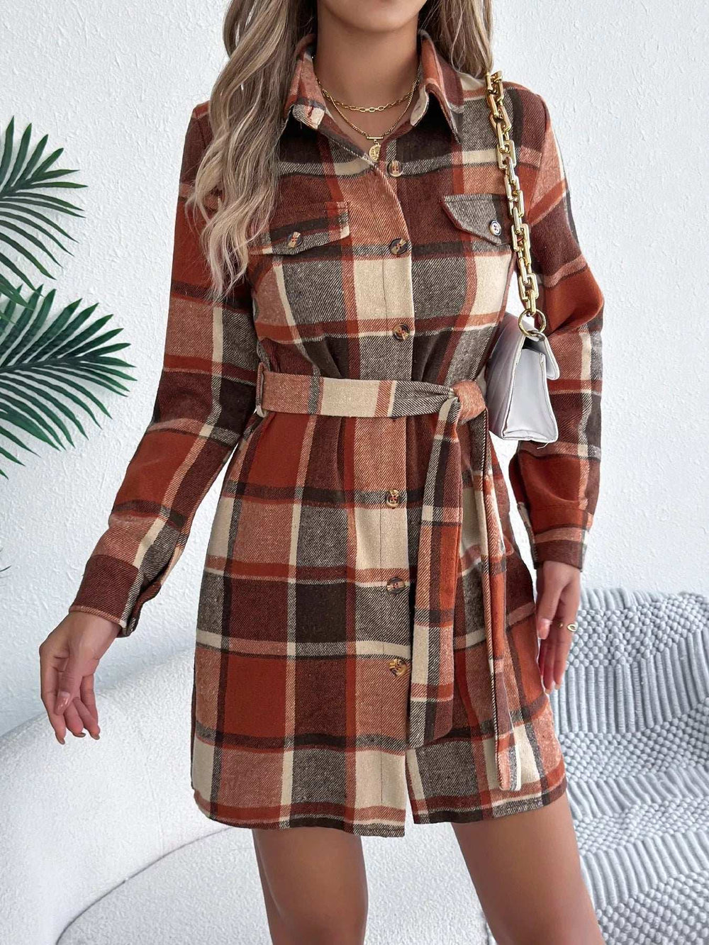 Plaid Button Front Tie Waist Shirt Dress - Trendsi - Flyclothing LLC