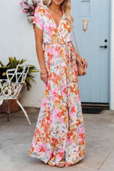 Printed Surplice Short Sleeve Tie Waist Maxi Dress - Trendsi - Flyclothing LLC