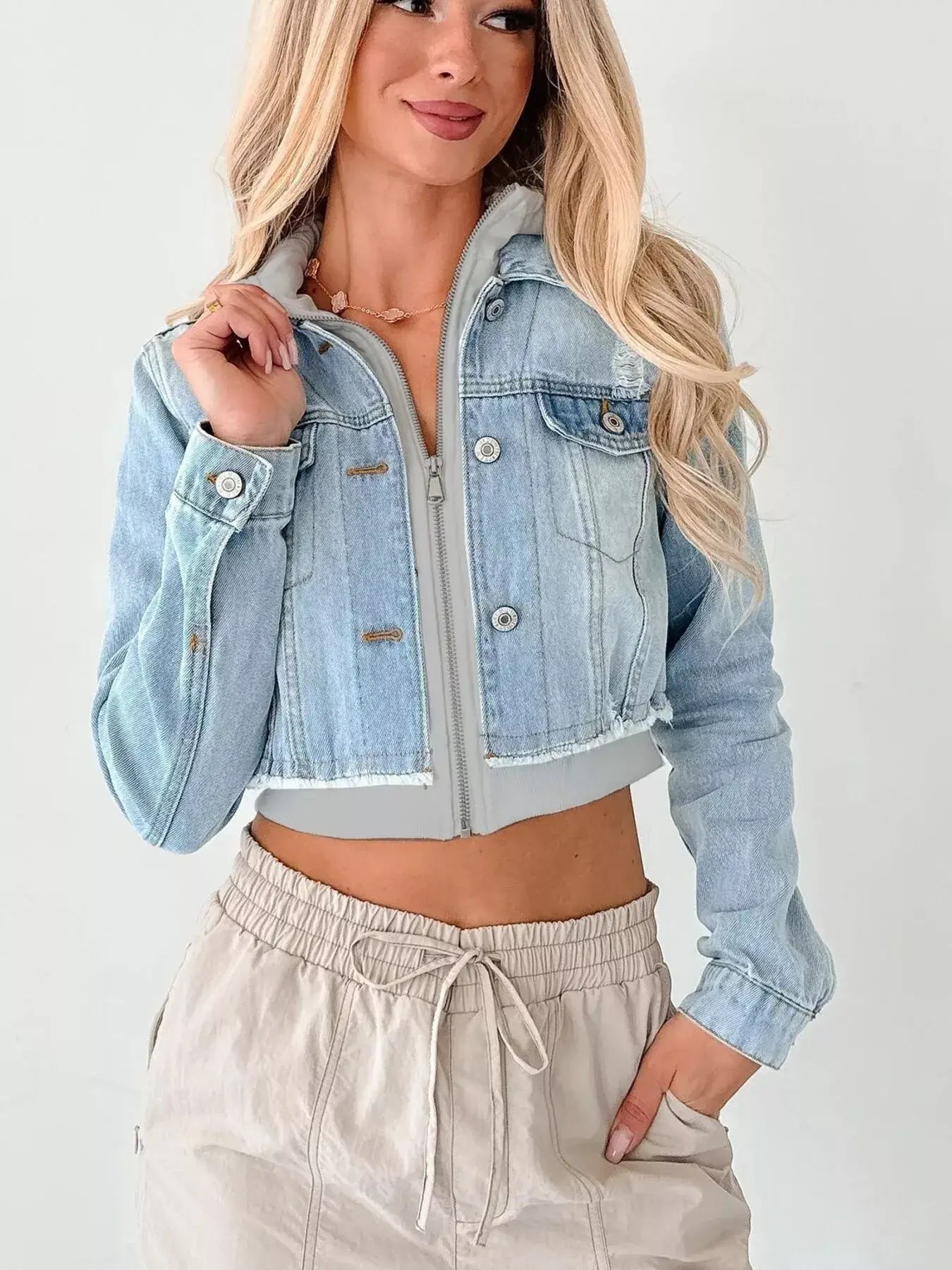 Distressed Zip Up Cropped Hooded Denim Jacket - Trendsi - Flyclothing LLC