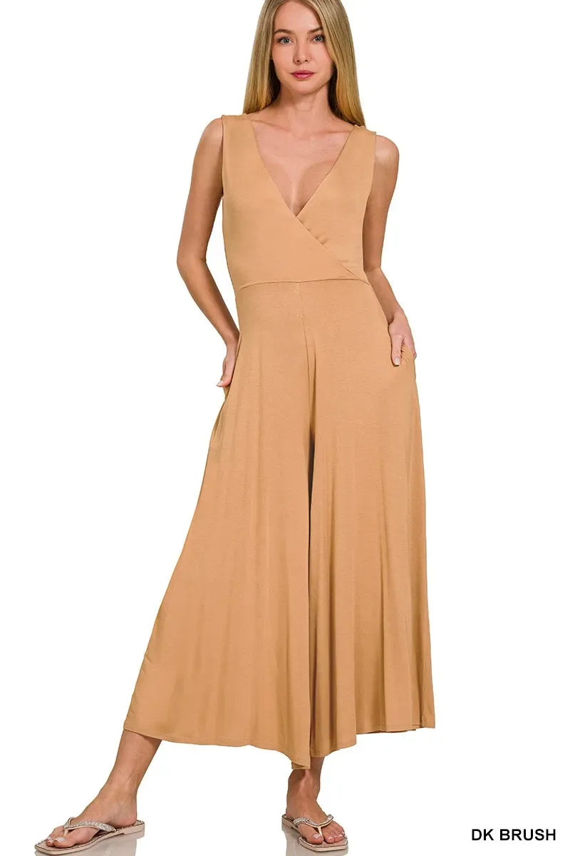 Zenana Surplice Neckline Sleeveless Jumpsuit - Trendsi - Flyclothing LLC