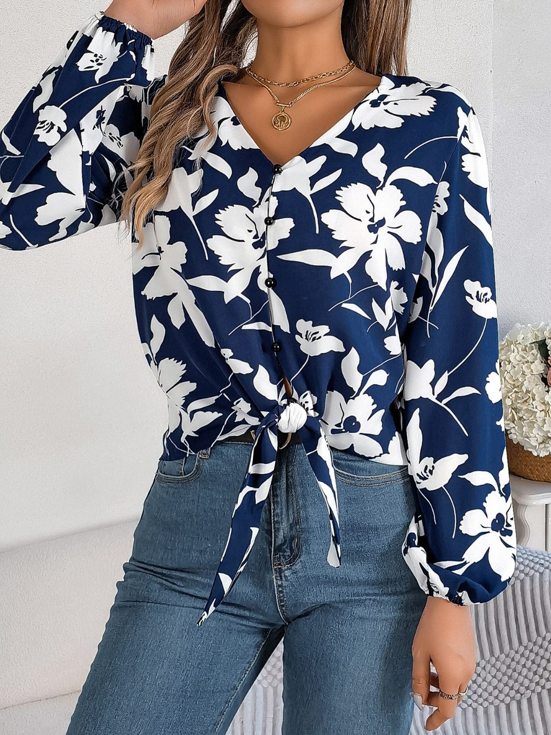 Printed V-Neck Long Sleeve Blouse - Trendsi