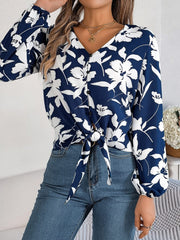 Printed V-Neck Long Sleeve Blouse - Trendsi