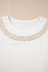 Lace Crochet Crew Neck Casual T Shirt - Trendsi - Flyclothing LLC