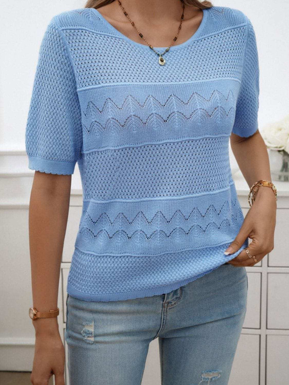 Round Neck Half Sleeve Knit Top - Trendsi - Flyclothing LLC