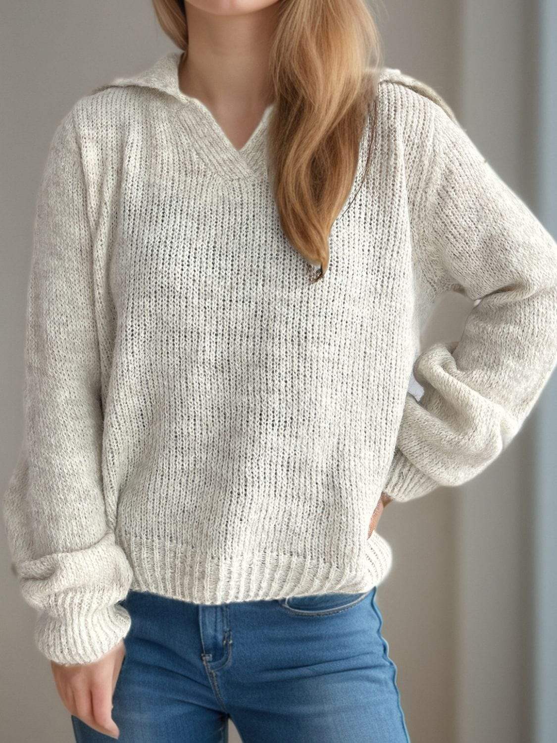 Collared Neck Long Sleeve Sweater - Trendsi - Flyclothing LLC