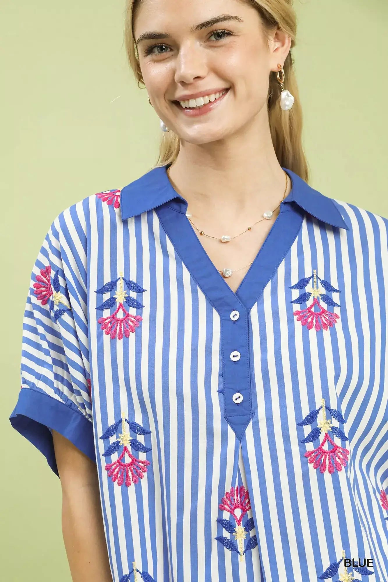 Umgee Stripe Embroidered Button-Front Boho Blouse - Trendsi - Flyclothing LLC