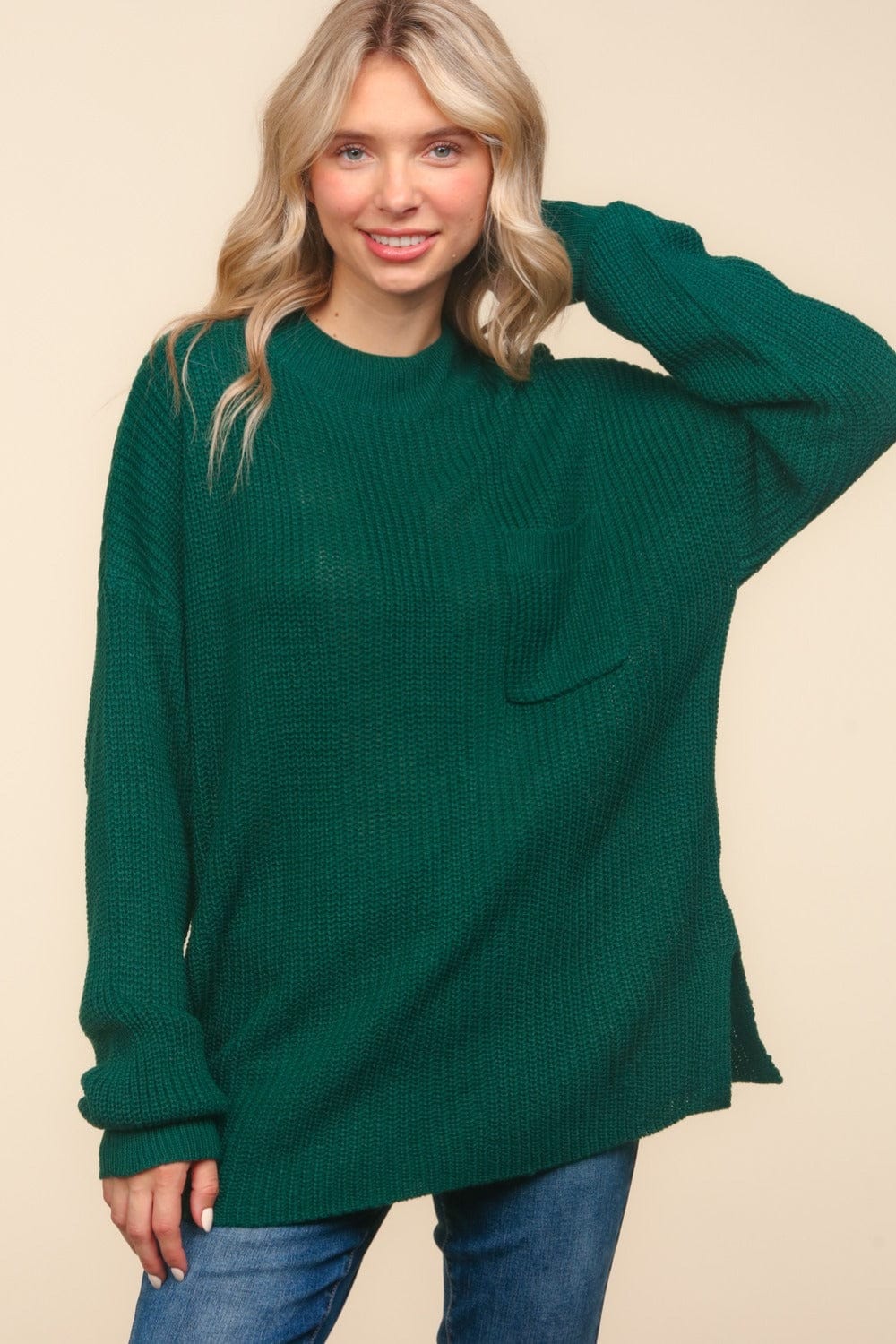 Haptics Full Size Mock Neck Side Slit Knit Top - Trendsi