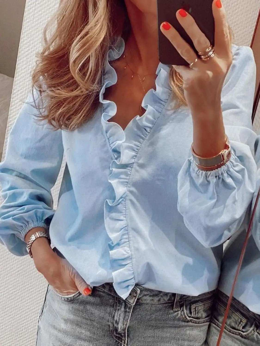 Full Size Ruffled V-Neck Long Sleeve Blouse - Trendsi - Flyclothing LLC