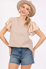 Ces Femme Round Neck Floral Short Sleeve Top - Trendsi - Flyclothing LLC