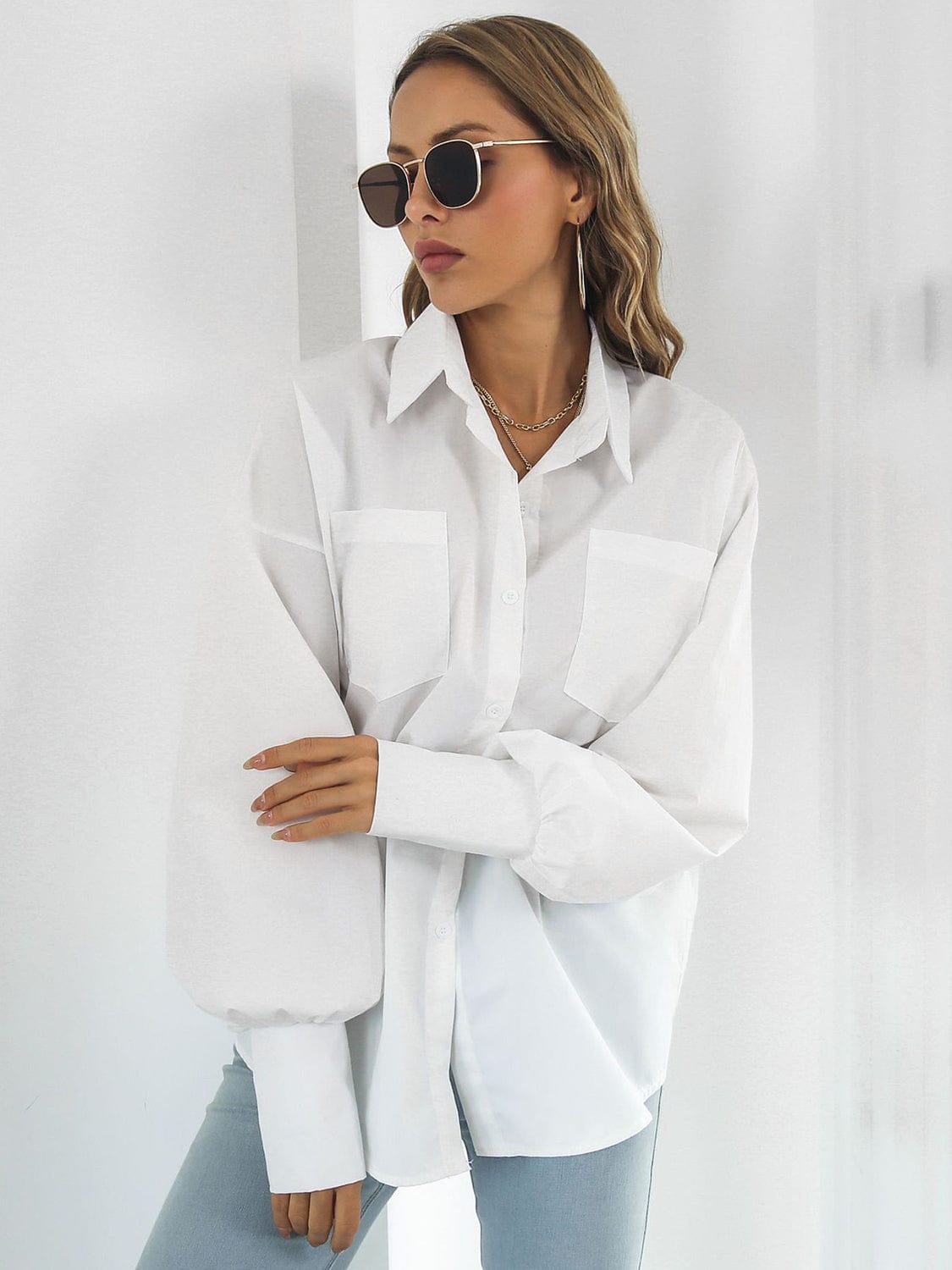 Button Up Dropped Shoulder Lantern Sleeve Shirt - Trendsi