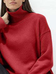 Ribbed Detail Turtleneck Dropped Shoulder Sweater - Trendsi