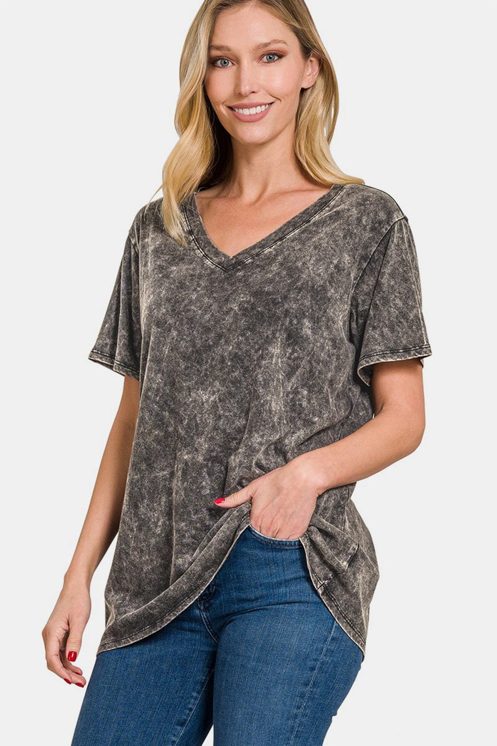 Zenana Full Size Washed Short Sleeve V-Neck T-Shirt - Trendsi