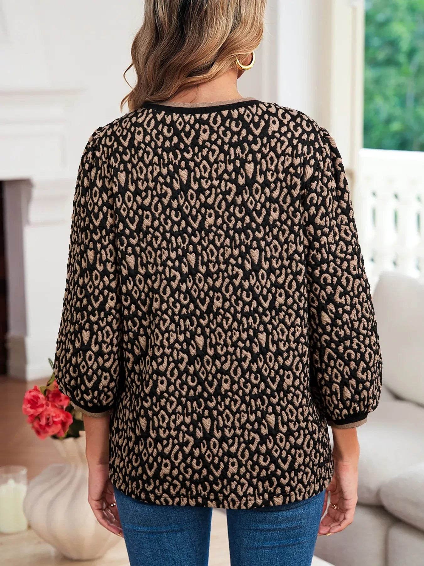 Leopard Print Puffy Bracelet Sleeve Contrast Trim Round Neck Top - Trendsi - Flyclothing LLC