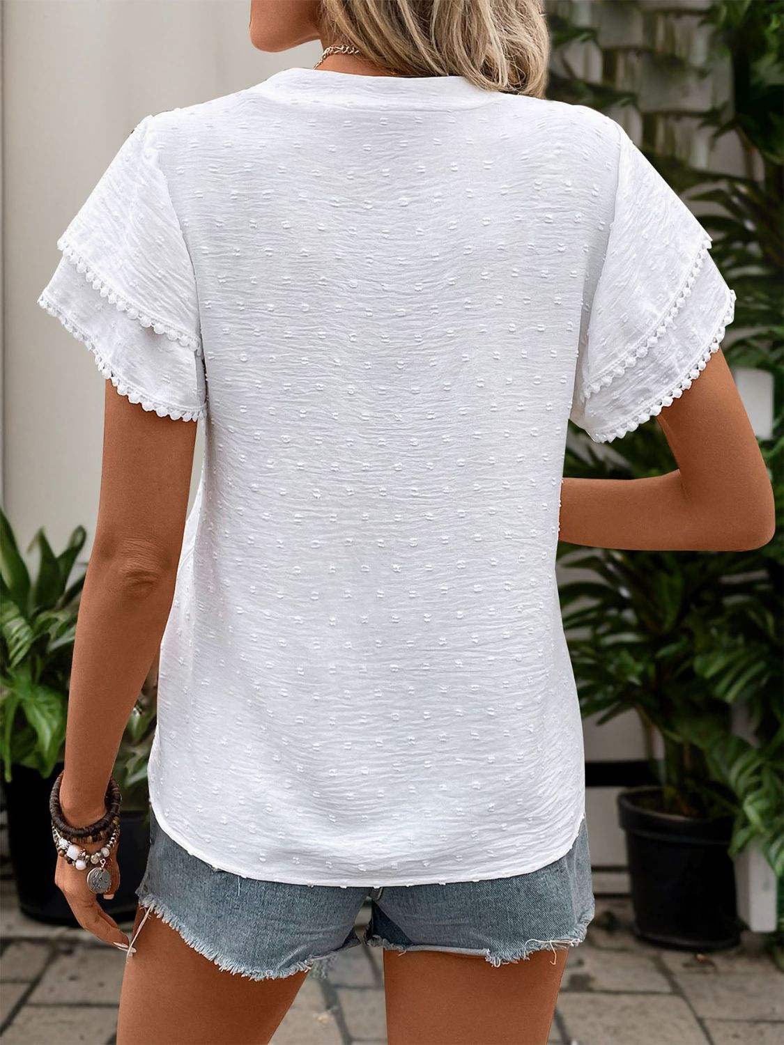 Swiss Dot Notched Short Sleeve Blouse - Trendsi - Flyclothing LLC