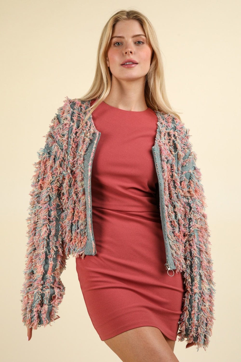 VERY J Shaggy Yarn Knit Zip Up Jacket - Trendsi