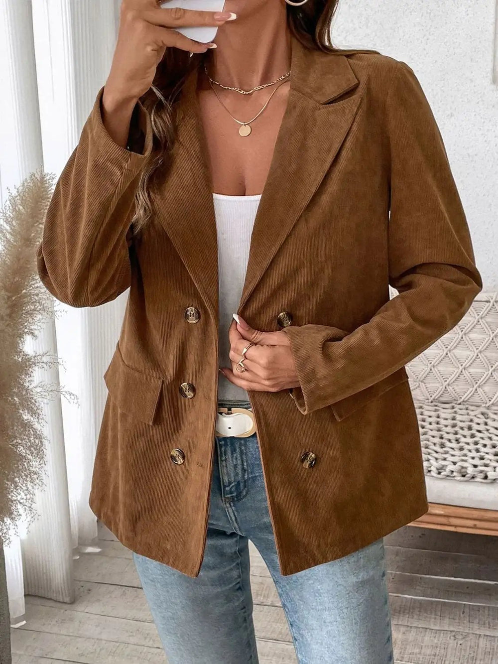 Perfee Decorative Pocket Flap Lapel Collar Long Sleeve Outerwear - Trendsi