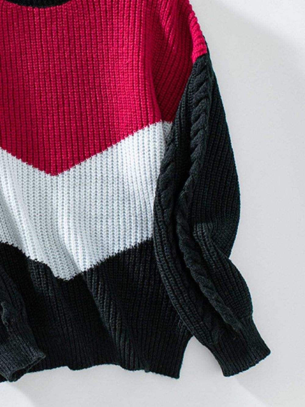 Contrast Round Neck Long Sleeve Sweater - Trendsi - Flyclothing LLC