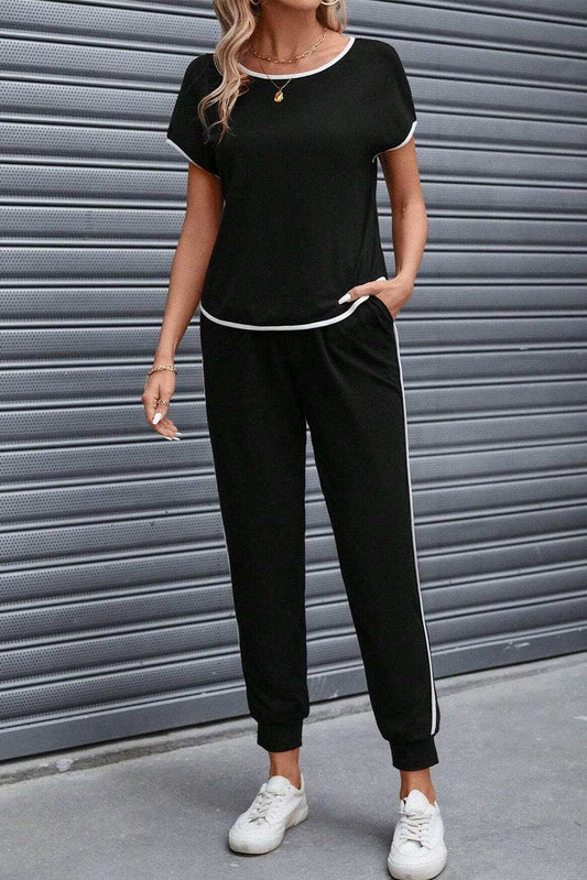 Contrast Trim Round Neck Top and Pants Set - Trendsi - Flyclothing LLC