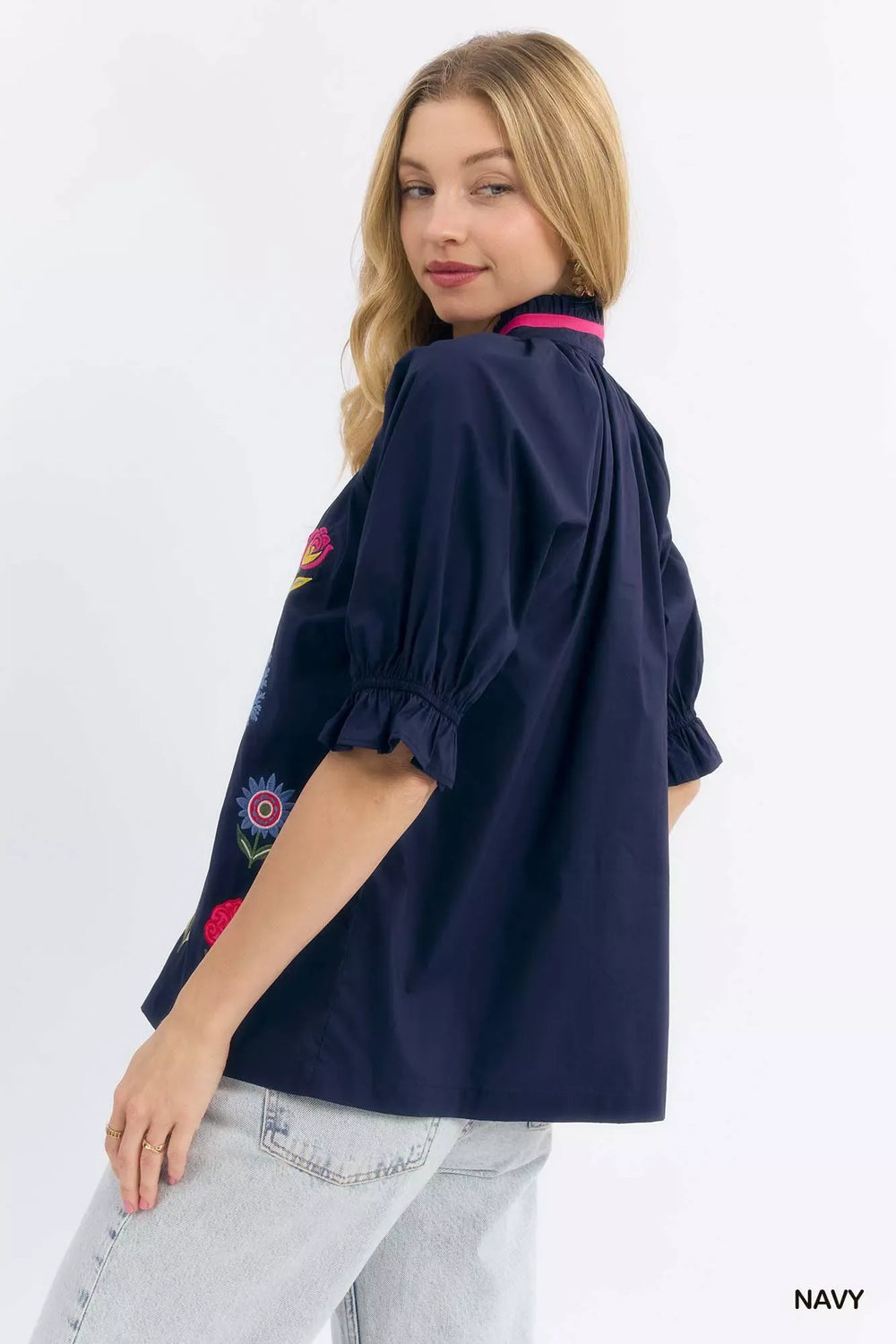 Umgee Embroidered Floral Top with Contrast Trim - Trendsi - Flyclothing LLC