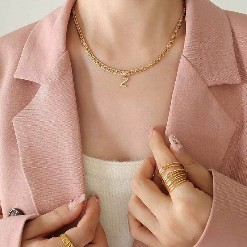 Brass Inlaid Zircon Letter Pendant Necklace - Trendsi - Flyclothing LLC