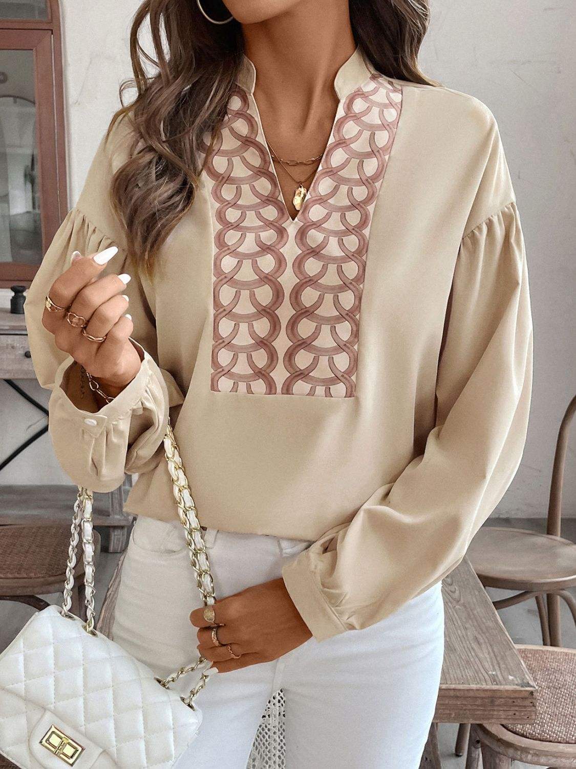 Perfee Printed Notched Long Sleeve Blouse - Trendsi - Flyclothing LLC