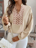 Perfee Printed Notched Long Sleeve Blouse - Trendsi
