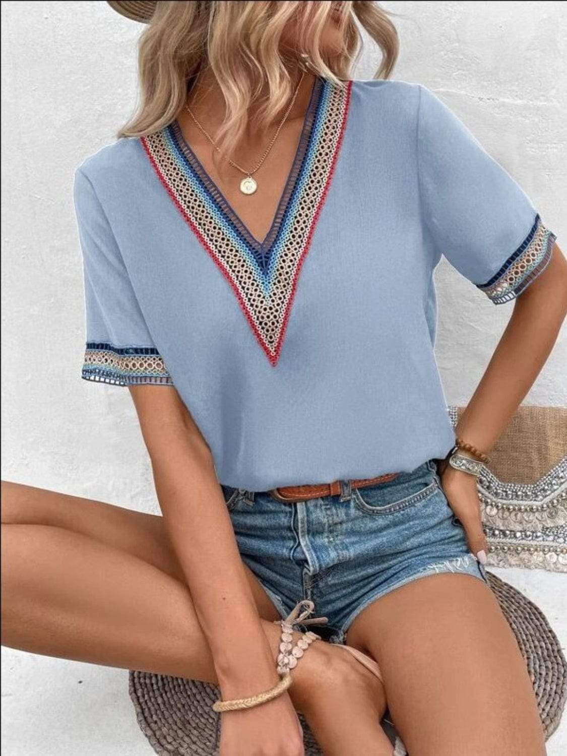 Full Size V-Neck Short Sleeve Blouse - Trendsi - Flyclothing LLC
