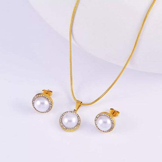Synthetic Pearl 18K Gold-Plated Rhinestone Necklace and Earrings Jewelry Set - Trendsi - Flyclothing LLC