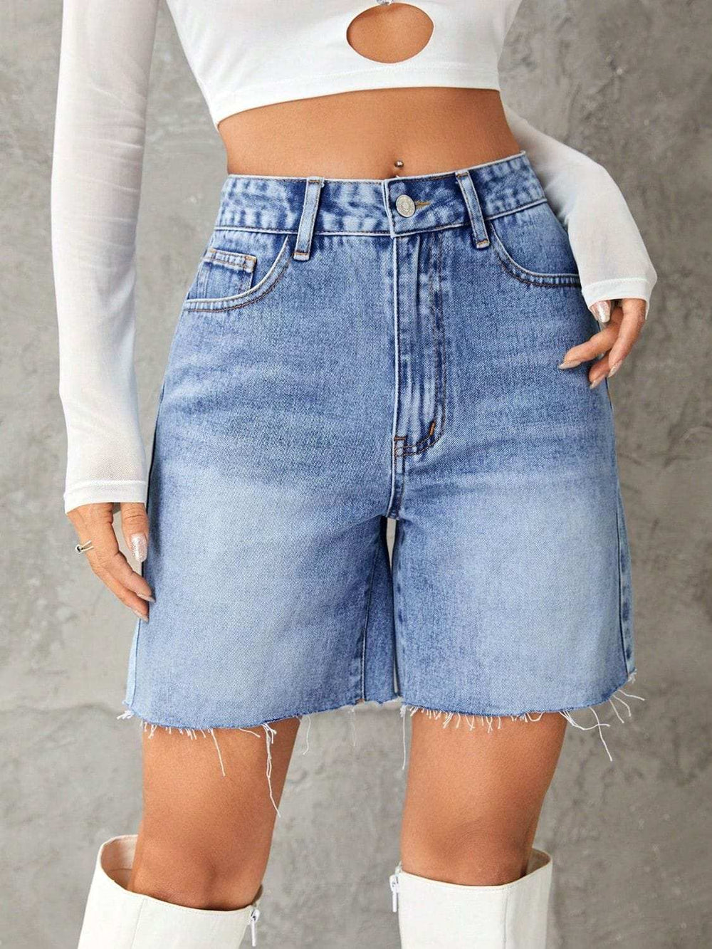 Frayed Hem Denim Shorts - Trendsi - Flyclothing LLC