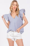 Ces Femme Striped V-Neck Ruffled Cap Sleeve Blouse - Trendsi
