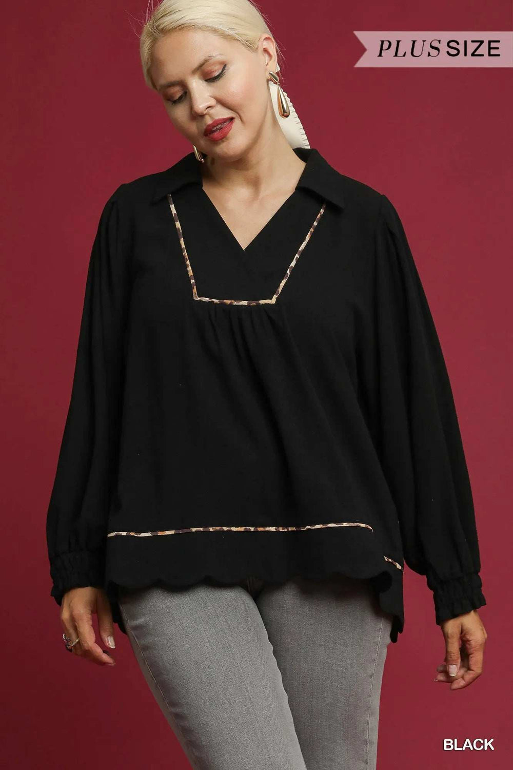 Umgee Full Size Linen Scallop Hem Blouse with Contrast Trim Plus Size - Trendsi - Flyclothing LLC
