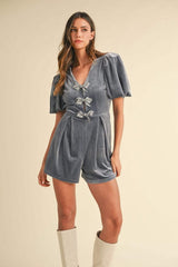 Mable Jewel Bow Decor Puff Sleeve Velvet Romper - Trendsi - Flyclothing LLC