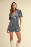 Mable Jewel Bow Decor Puff Sleeve Velvet Romper - Trendsi - Flyclothing LLC
