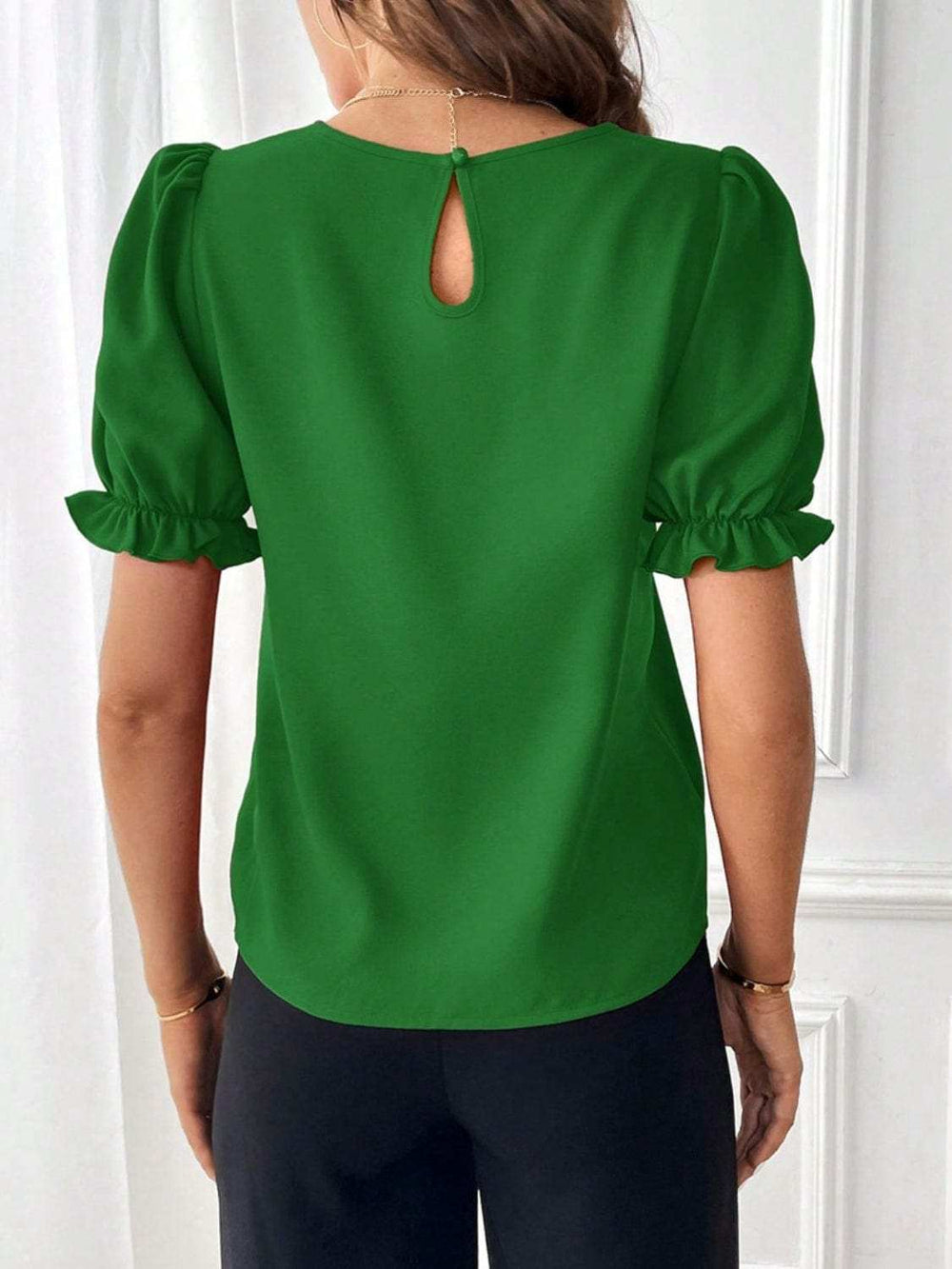 Round Neck Flounce Sleeve Blouse - Trendsi - Flyclothing LLC