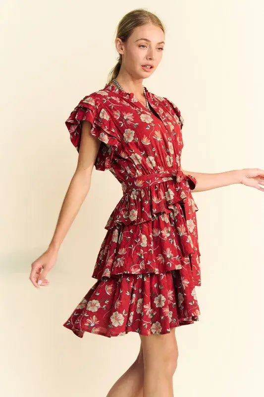 Davi & Dani Ruffle Flutter Sleeve Tie Belt Tiered Mini Dress - Trendsi - Flyclothing LLC