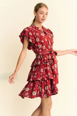 Davi & Dani Ruffle Flutter Sleeve Tie Belt Tiered Mini Dress - Trendsi - Flyclothing LLC