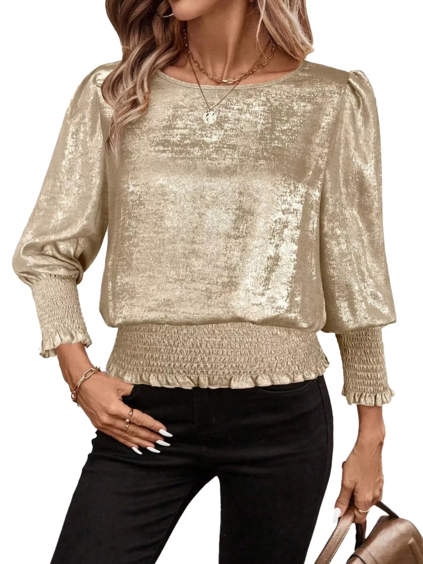 Smocked Round Neck Blouse - Trendsi - Flyclothing LLC