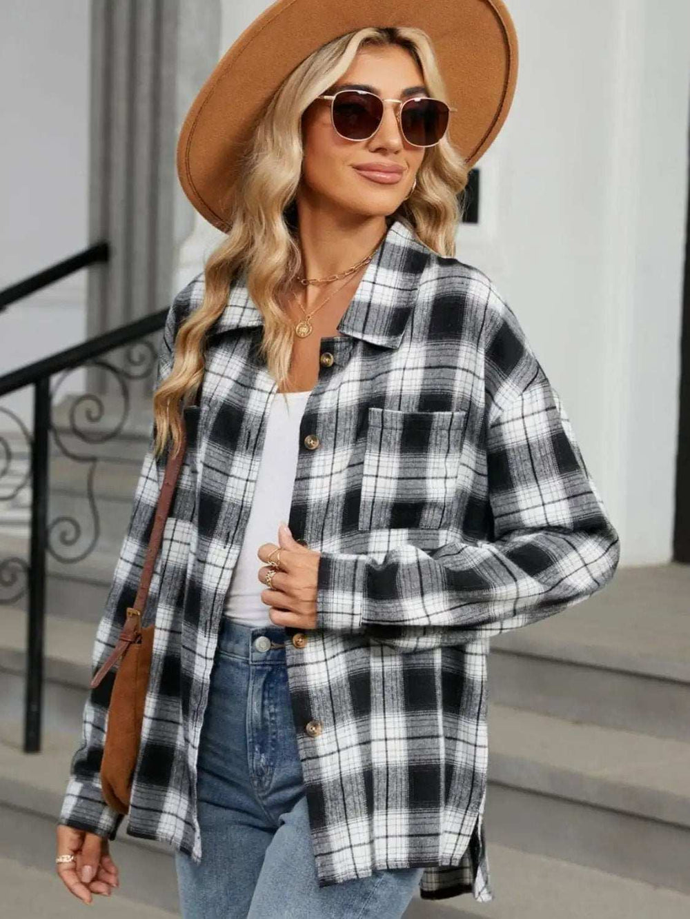 Plaid Collared Neck Long Sleeve Shirt - Trendsi - Flyclothing LLC