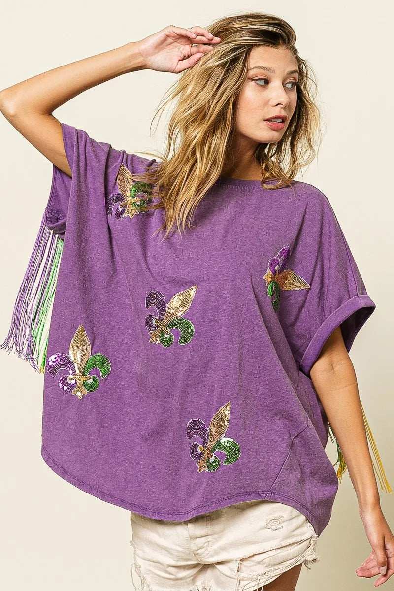 BiBi Vintage Washed Fleur Mardi Gras Top - Trendsi - Flyclothing LLC