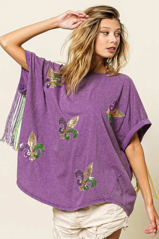 BiBi Vintage Washed Fleur Mardi Gras Top - Trendsi - Flyclothing LLC