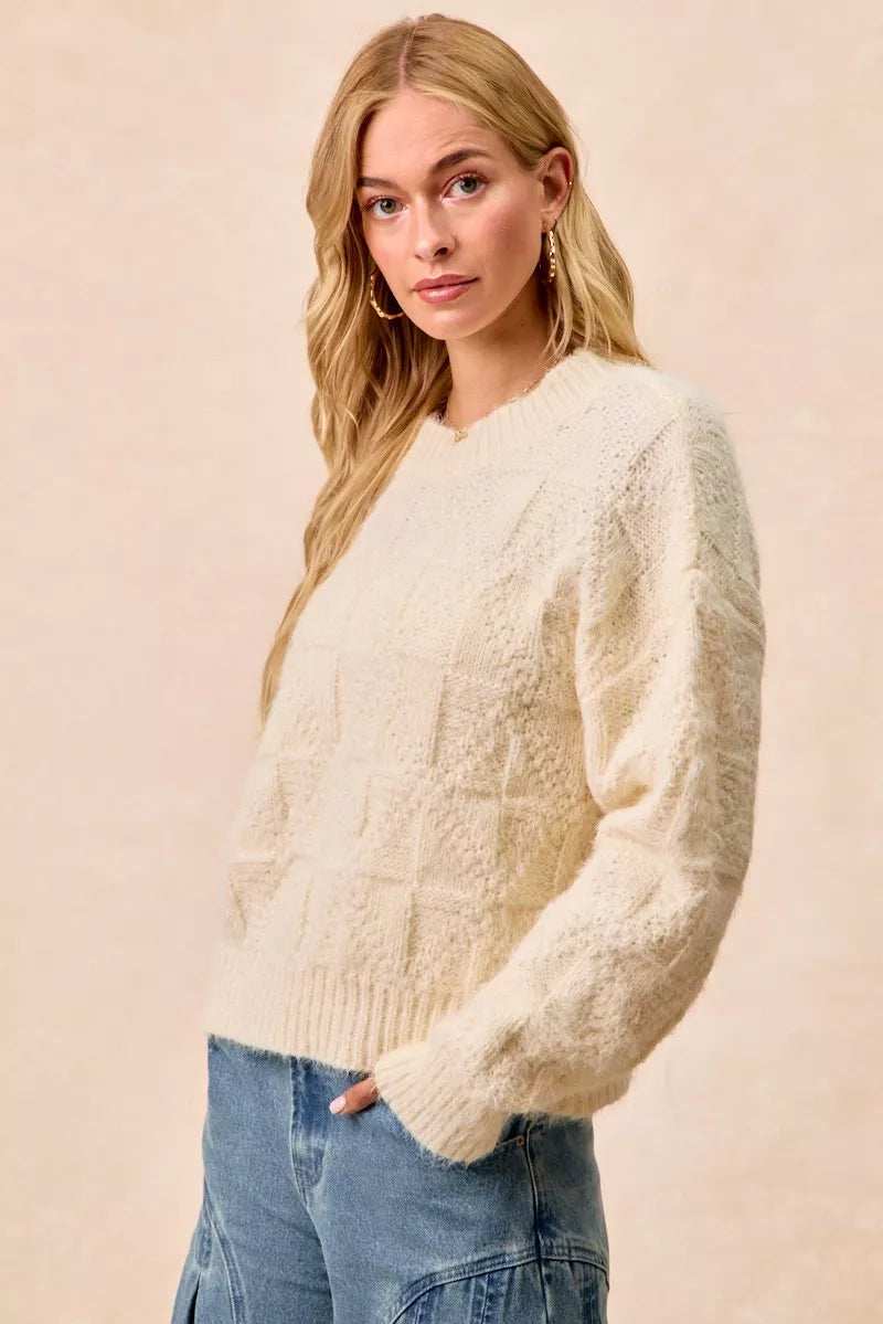 BiBi Checker Board Drop Shoulder Sweater - Trendsi - Flyclothing LLC