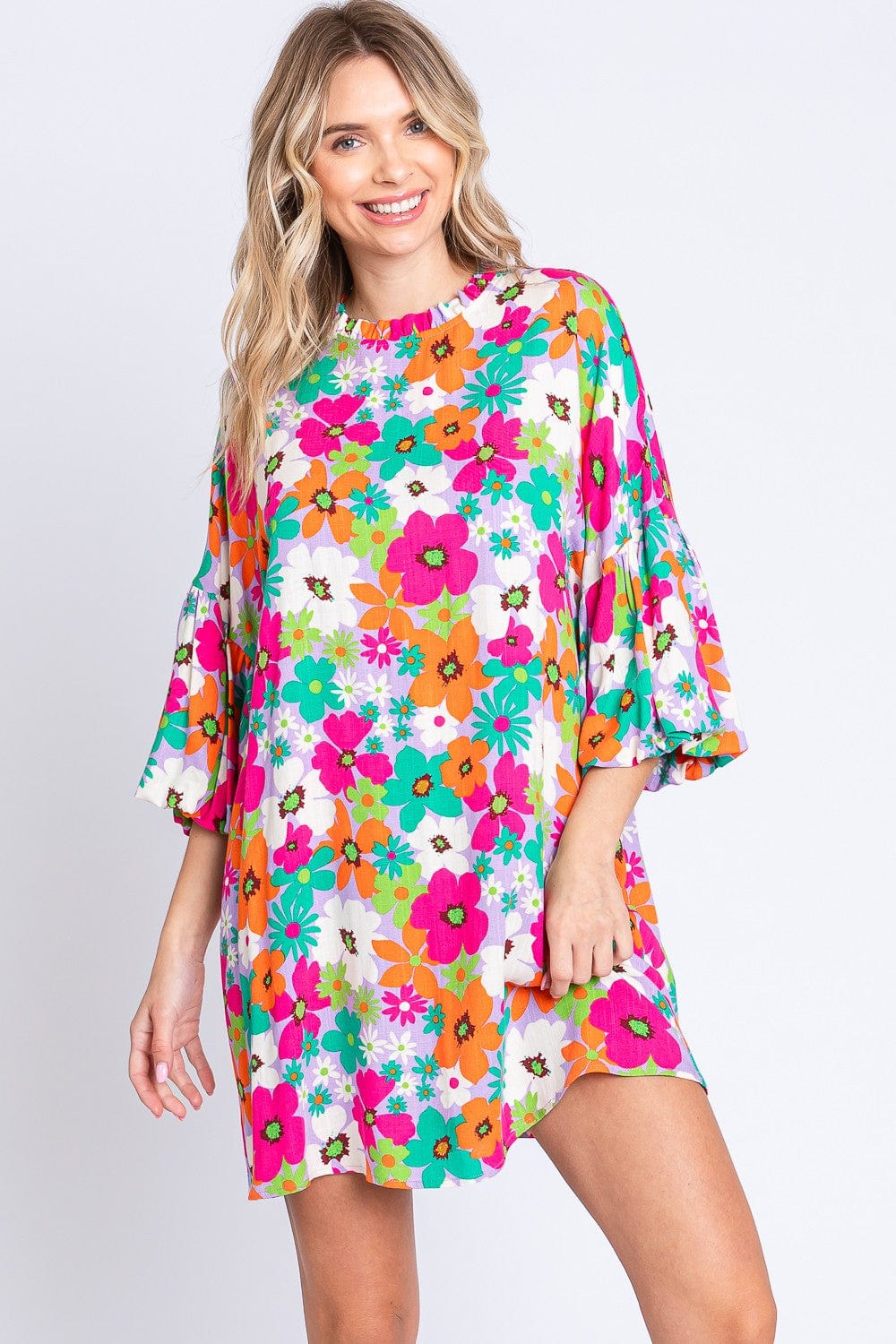 GeeGee Full Size Floral Round Neck Lantern Sleeve Mini Dress - Trendsi