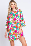 GeeGee Full Size Floral Round Neck Lantern Sleeve Mini Dress - Trendsi