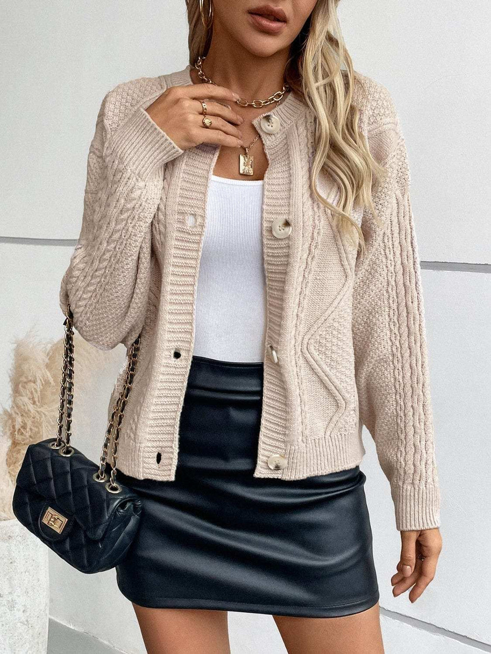 Cable-Knit Round Neck Button Up Cardigan - Trendsi - Flyclothing LLC